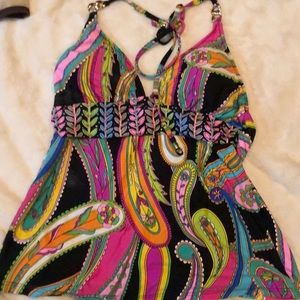 Trina Turk paisley tankini w gold embellishment